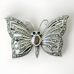 VTG Marcasite Garnet Butterfly Pin Brooch, Vintage, Signed 925, 9.6 Grams