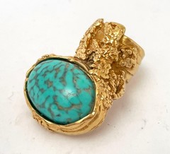 YVES SAINT LAURENT ARTY RING GOLD TONE TURQUOISE GLASS CABOCHON YSL SIZE 5