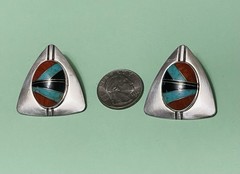 N/A? Zuni Style Mosiac Sterling Silver Earrings Clip-on Large Vintage/Retro 20g