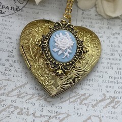 Gold Heart Locket Photo Birthday Anniversary Wedding Blue Rose Cameo Necklace