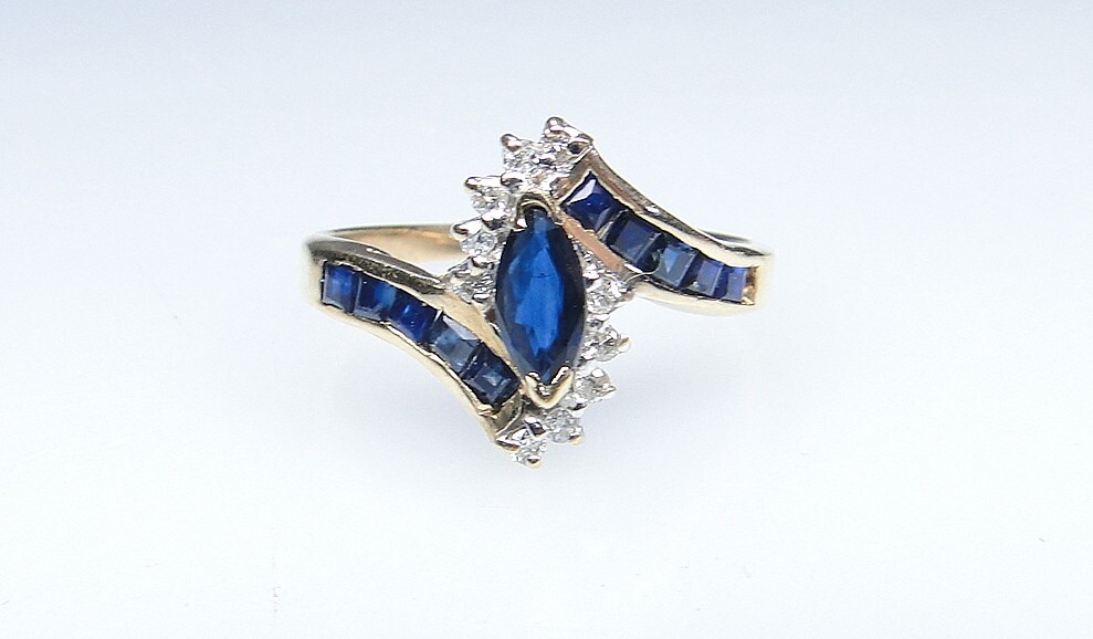 10K Gold Bypass Ring w Blue Sapphire & Channel Set Stones & Diamond Accents Sz 7