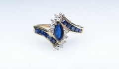 10K Gold Bypass Ring w Blue Sapphire & Channel Set Stones & Diamond Accents Sz 7