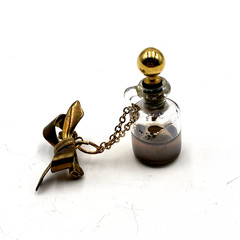 Vintage Gold-Tone Bow w/ Chain Perfume Bottle Pin Brooch a110