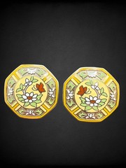 Vintage Signed Yellow Cloisonné Earrings Enamel Floral Butterfly Samuel Huang