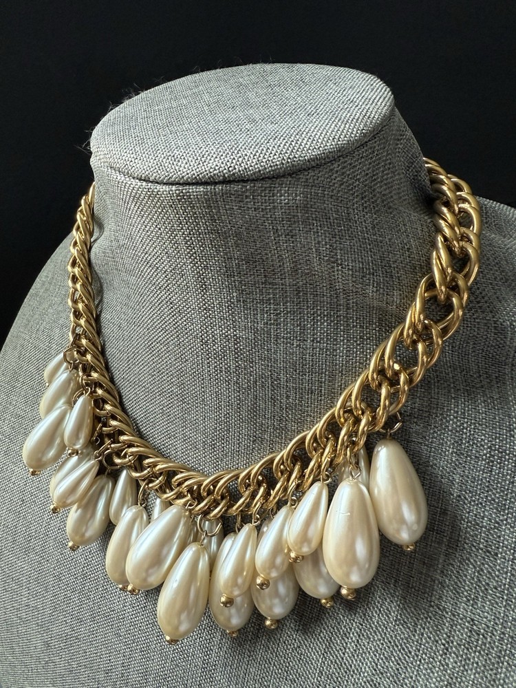 Vtg Goldtone Choker Necklace Cuban Link Chain Faux Pearls Classic Maximalist