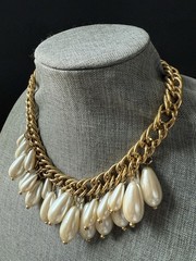 Vtg Goldtone Choker Necklace Cuban Link Chain Faux Pearls Classic Maximalist