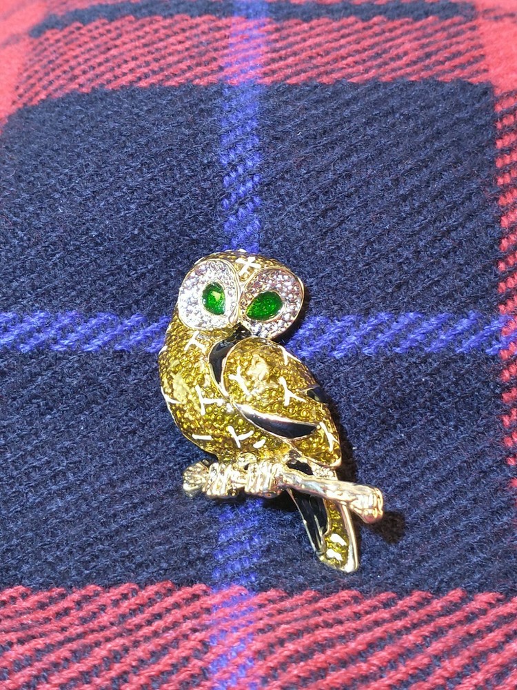 Vintage 80’s Green Eyed Rhinestone Owl Pin Brooch Gold Tone Black