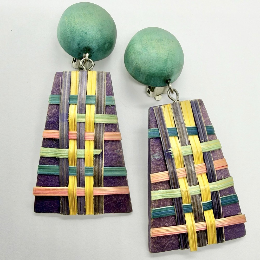 Vtg Big 80’s Wearable Art Statement Earrings Wood Basket Weave Purple Green Drop