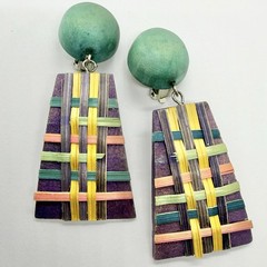 Vtg Big 80’s Wearable Art Statement Earrings Wood Basket Weave Purple Green Drop