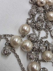 Ann Taylor Silver Tone Faux Pearl & Crystal Station Necklace 32″ Long