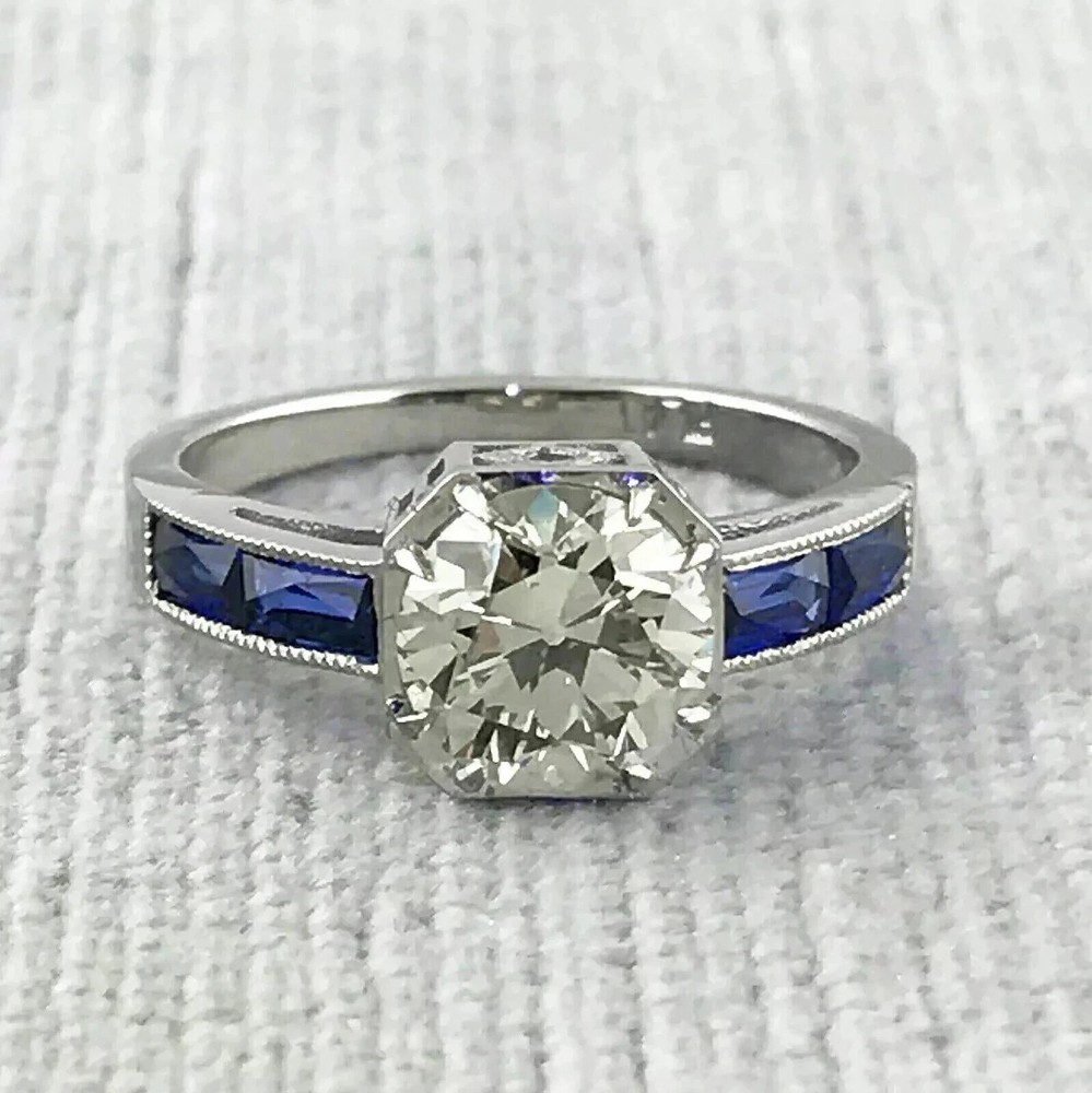 3Ct Art Deco Style Lab Created Diamond & Sapphire Wedding 14k White Gold FN Ring