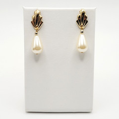 Art Deco Style Faux Pearl Teardrop Gold Tone Scallop Fan Classy Mermaid Earrings
