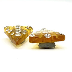 BAKELITE dress clip set – vintage apple juice carved w/ rhinestones triangle pin
