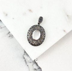 Vintage 925 Sterling Silver Mother Of Pearl Marcasite Deco Oval Pendant
