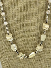 Vintage MOP Mother of Pearl & natural Stone Agate Bead Necklace Chrome Shiny 44″