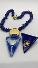 Vintage Lapis Stone nuggets Beaded Necklace W/ Triangle pendant & Brooch