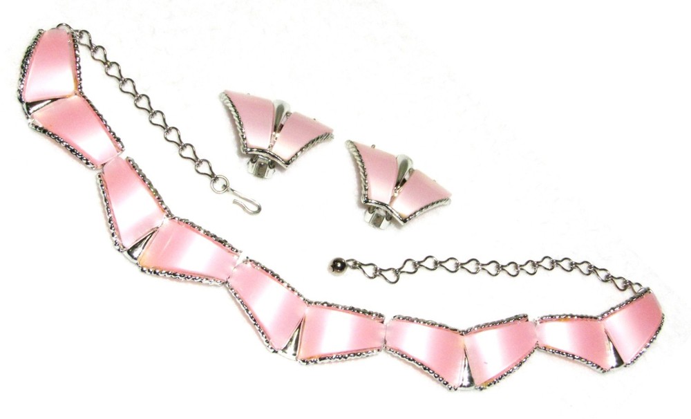 1950s Vintage SET Pink THERMOSET MOONGLOW and Silver NECKLACE and EARRINGS Retro