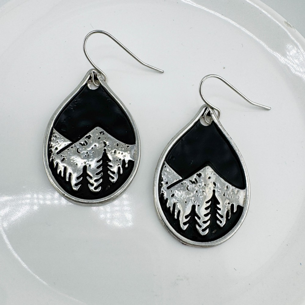 Vintage Mountain Scene Teardrop Earrings Silver Black Nature Outdoorsy Boho