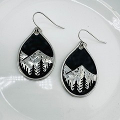 Vintage Mountain Scene Teardrop Earrings Silver Black Nature Outdoorsy Boho