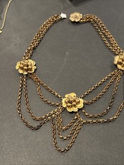 ANTIQUE VINTAGE FESTOON NECKLACE GOLDWASH BRASS FILIGREE ROSETTES DANGLES