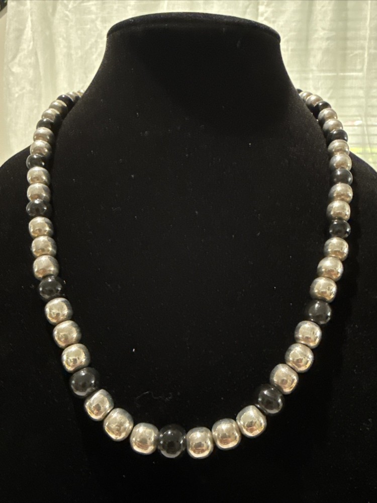 Vintage 925 Silver And Black Onyx Bead Necklace 23” Signed JMS