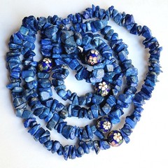 VTG Blue Lapis Sodalite Chip Cloisonne Enamel Beads Flower Necklace 34″ No Clasp