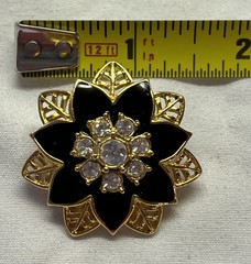 Vintage 90’s Avon Gold Tone Black Floral Pierced Earrings Rhinestones
