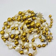 Vintage Japan 5 Strand Beaded Necklace Gold & White C956