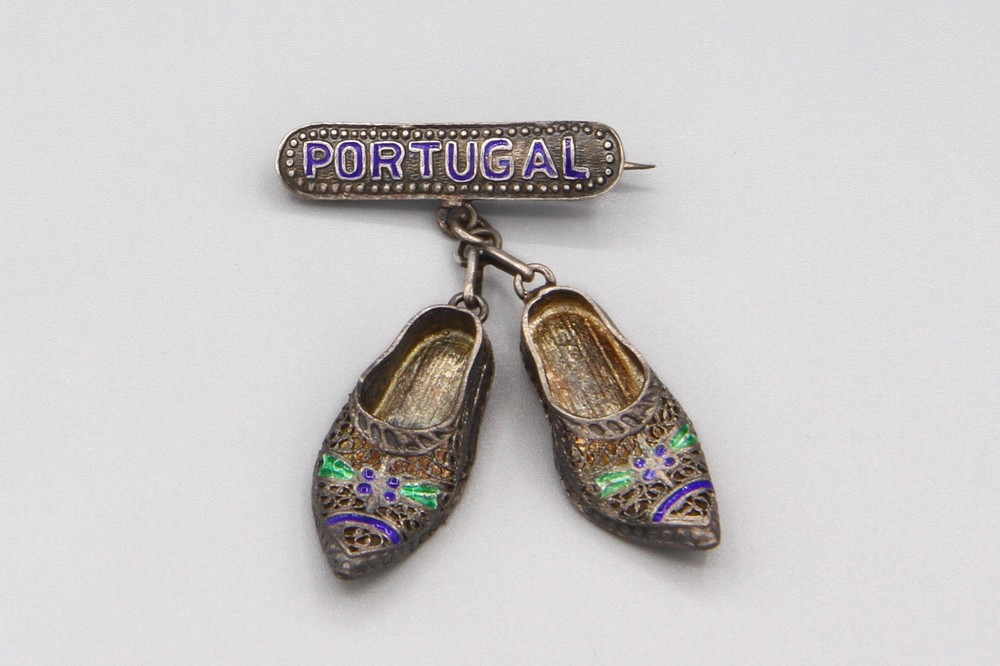 Antique 30s Portugal 800 Silver Green Blue Enamel Shoes Pin, Cannetille Brooch