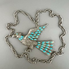 Vintage Southwest Necklace Eagle Thunderbird Faux Turquoise Silver Tone 23”