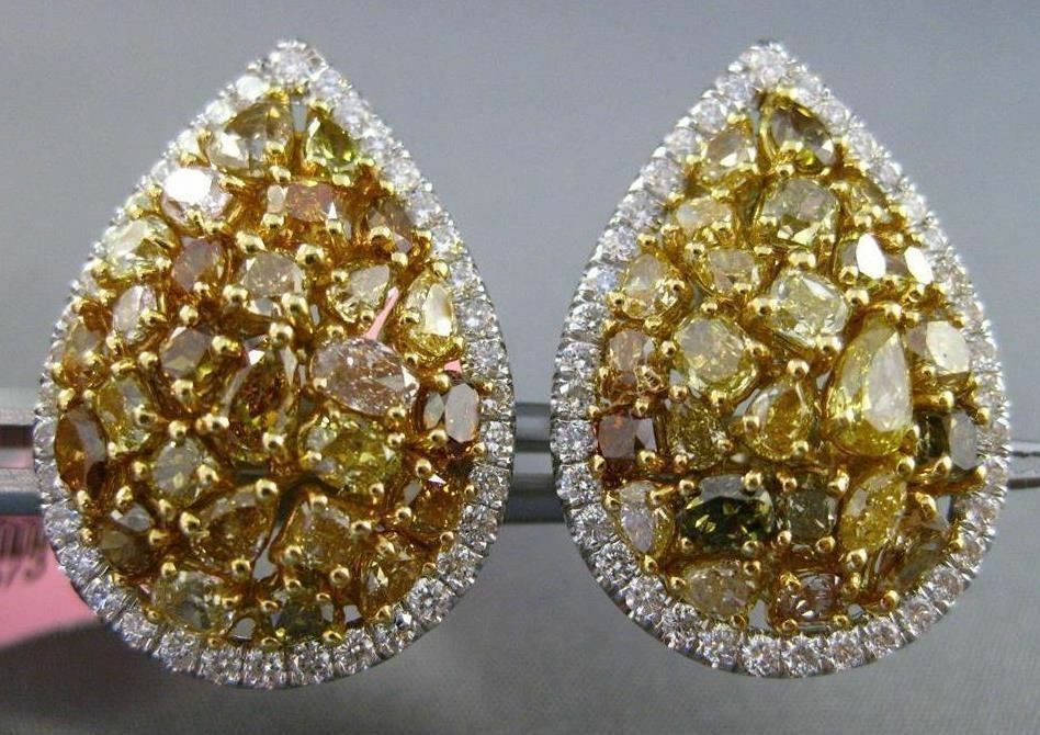 ESTATE LARGE 6.98CT WHITE & FANCY INTENSE DIAMOND 18KT 2 TONE GOLD PEAR EARRINGS