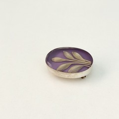 Vintage 925 Sterling Silver Purple Glass Flower Oval Brooch Pin Pendant