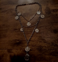 vintage silvertone coins necklace layered 1960s