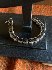 Vintage 90s Silver Tone Black Glass Square Link Bracelet Boho Fashion Jewelry