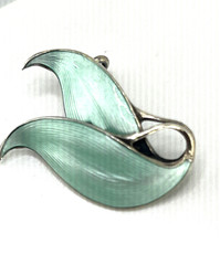 Norway Finn Jensen Sterling silver enamel leaf brooch light green Guilloche