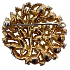 Vtg Gold Tone Clear Rhinestone Faux Pearl Circle Brooch Pin