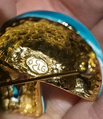 Vintage Signed LG Lind Gal Enamel Mushroom Brooch Pin Blue Gold Mid Century…
