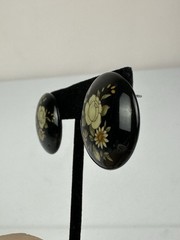 Vintage Black Floral Dome Earrings Gold Cream Statement Stud Retro
