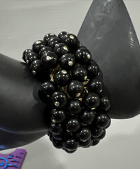 Glass Bead Expandable Bracelet Black Round Cha Cha Dangle Gold Tone Japan Capri
