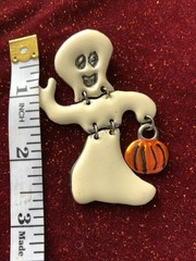 Vintage 1980s Halloween Ghost w/Jack O Lantern Brooch Enamel Pin 2.75” X 2”