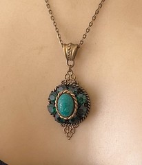 Vintage Scarab Necklace Egyptian Revival Pendant Green Czech Glass Beetle