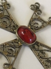 Vintage Armenian Silver Filigree Khachkar Cross Pendant With Red Cabochon Stone