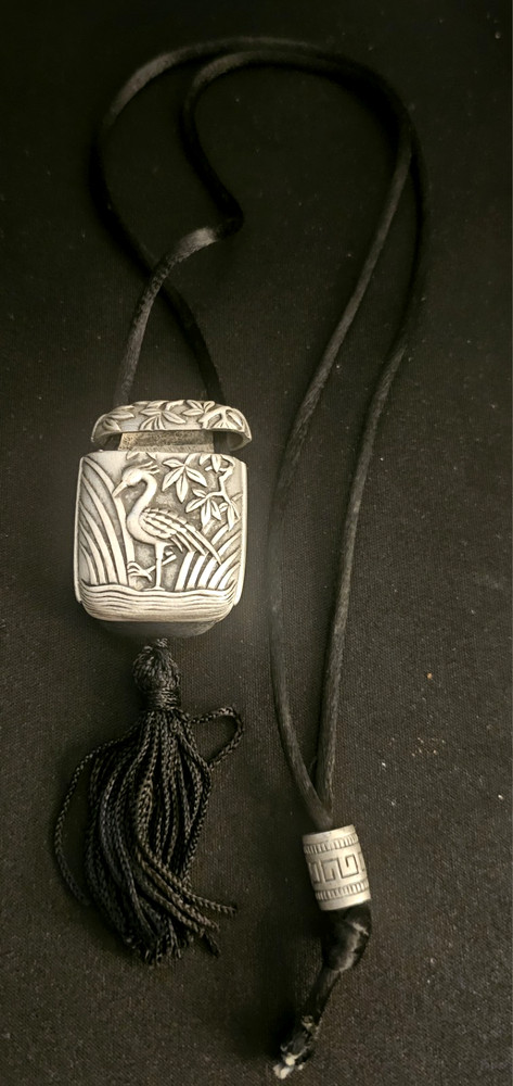 Vintage Asian/Japanese Inro Heron Pewter Pendant Necklace