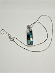 Sterling Silver MOP Turquoise Malachite Quartz Necklace 17.75″ / 1 5/8″ 8.1g