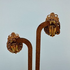 Vintage West Germany Clip On Earrings Gold Tone Filigree Floral Decal Rhinestone
