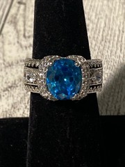 Sz 8 Cushion Cut 925 Ring Blue Topaz Color Stone Sterling Silver Filigree Signed