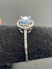 14k W/Gold 1.00CT Ceylon Sapphire & 0.16CTW Halo Diamond Ring. Size 7.25 (S178)
