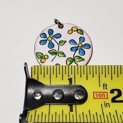 Vintage Enamel On Copper Pendant Floral Colorful 1.25″ Double Sided