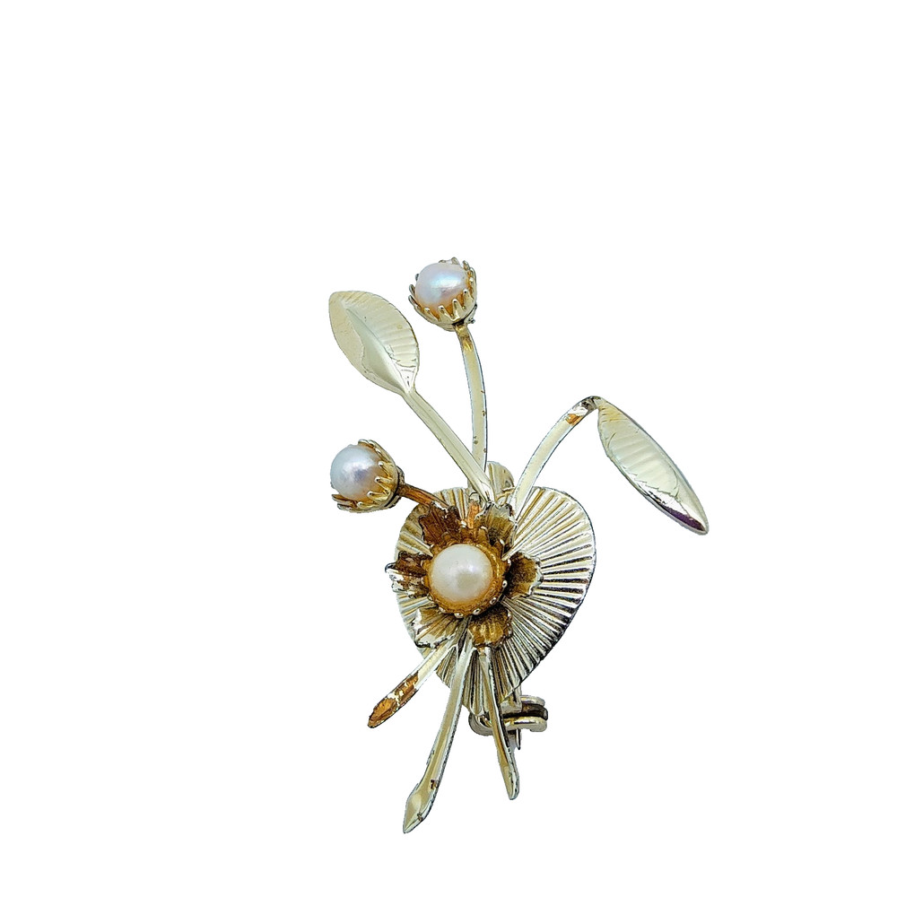 Vintage Floral Spray Brooch Gold Tone Faux Pearl Cottagecore Garden Party Flower