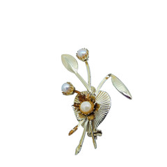 Vintage Floral Spray Brooch Gold Tone Faux Pearl Cottagecore Garden Party Flower